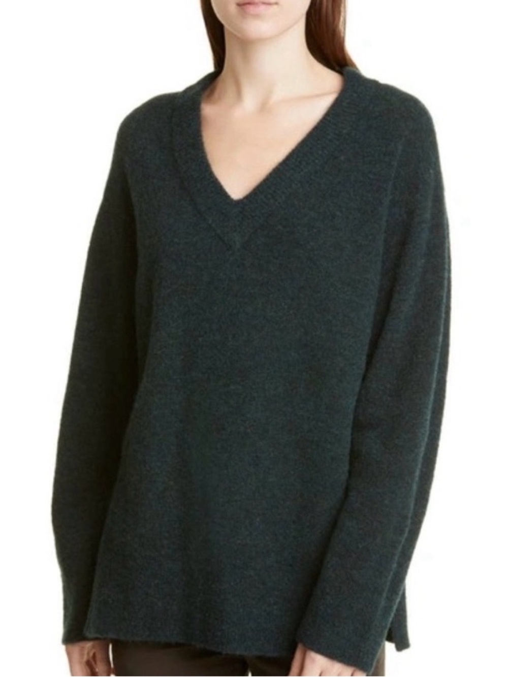 Vince Heather Gray Side Slit V-Neck Tunic Sweater in Terrarium